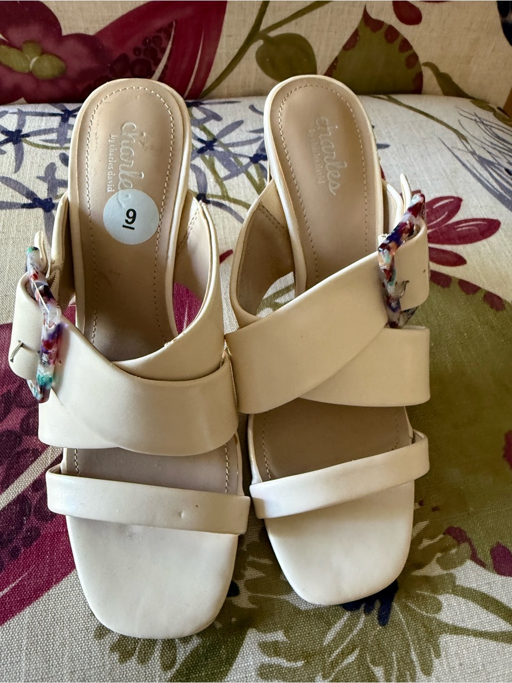 Charles by Charles David Cream Slip-On Mules with Multicolor Buckle